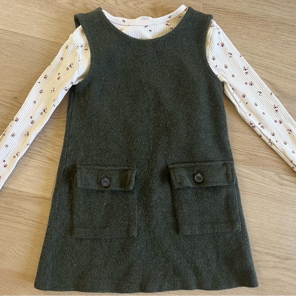 Kids Zara Green Knit Dress with Floral Top